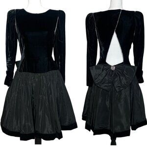 Vintage After Five Rhinestones Drop Waist Keyhole Back Black Velvet Dress Size 8